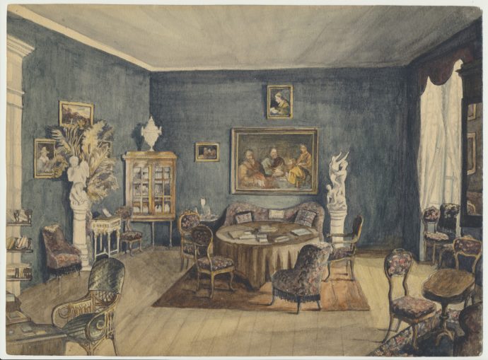 Anna von Krüdener. Uue-Suislepa mõisa elutoa interjöör. 1887. Akvarell. Viljandi Muuseum.
